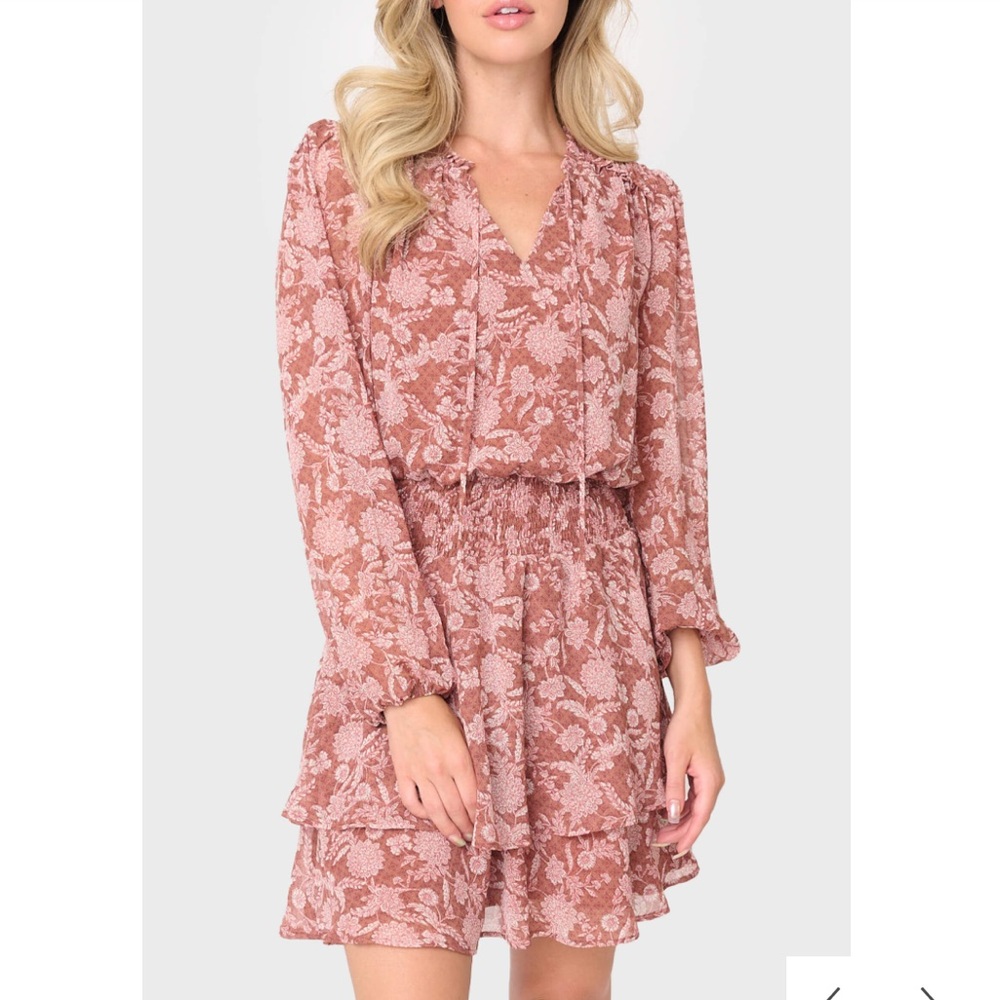 NWT Gibsonlook Long Sleeve Smocked Detail Dress Burgundy Floral Scroll Print